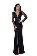 elegant formal black dress with silky detaling and long sleeves