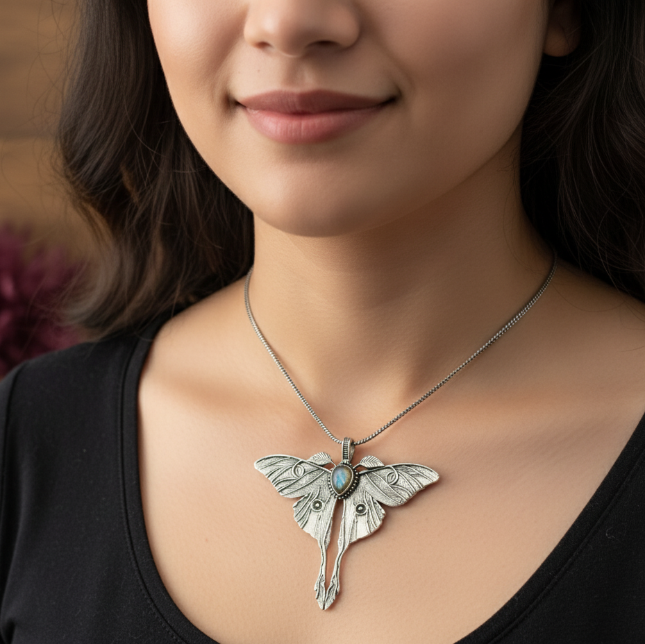 Gold/Silver Luna Moth Necklace – Nature-Inspired Boho Statement Pendant