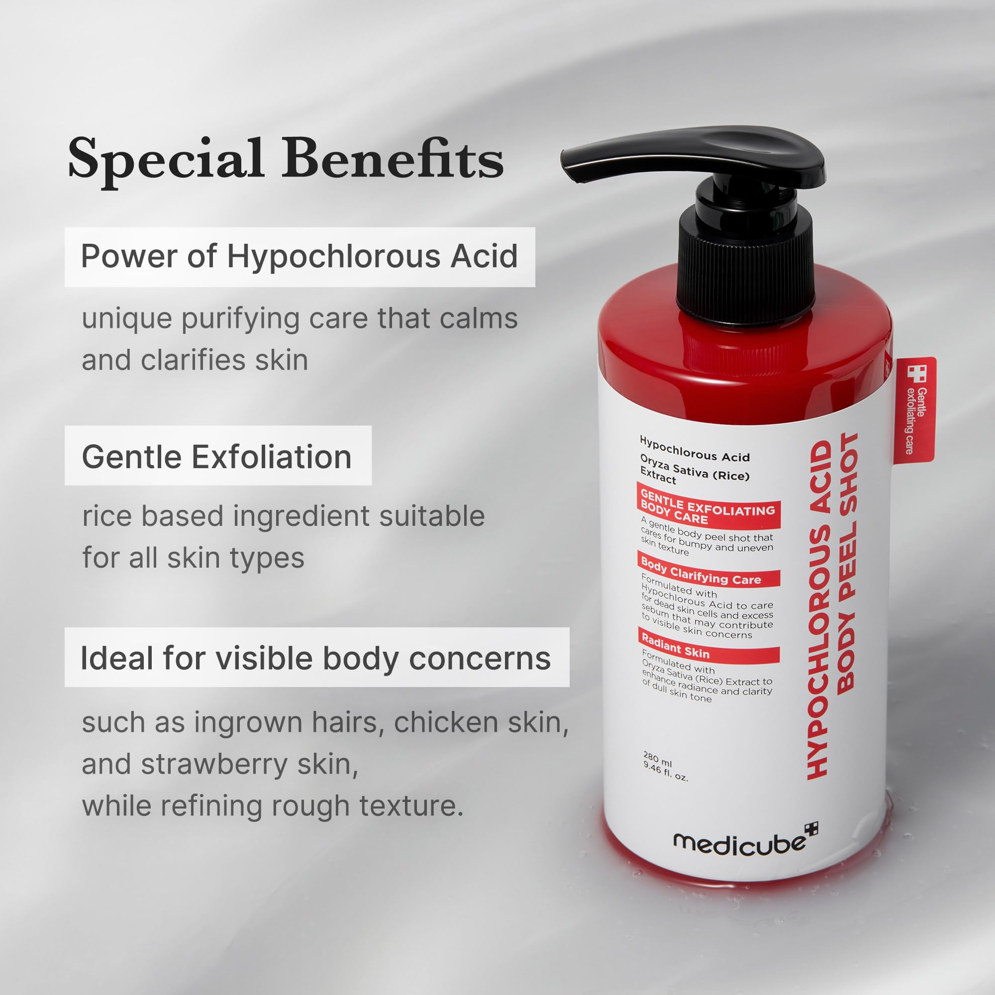 Medicube Body Peel Shot with Hypochlorous Acid | Gentle Body Exfoliating Serum for Dead Skin & Texture | Rice Extract & Panthenol | 9.46 fl oz