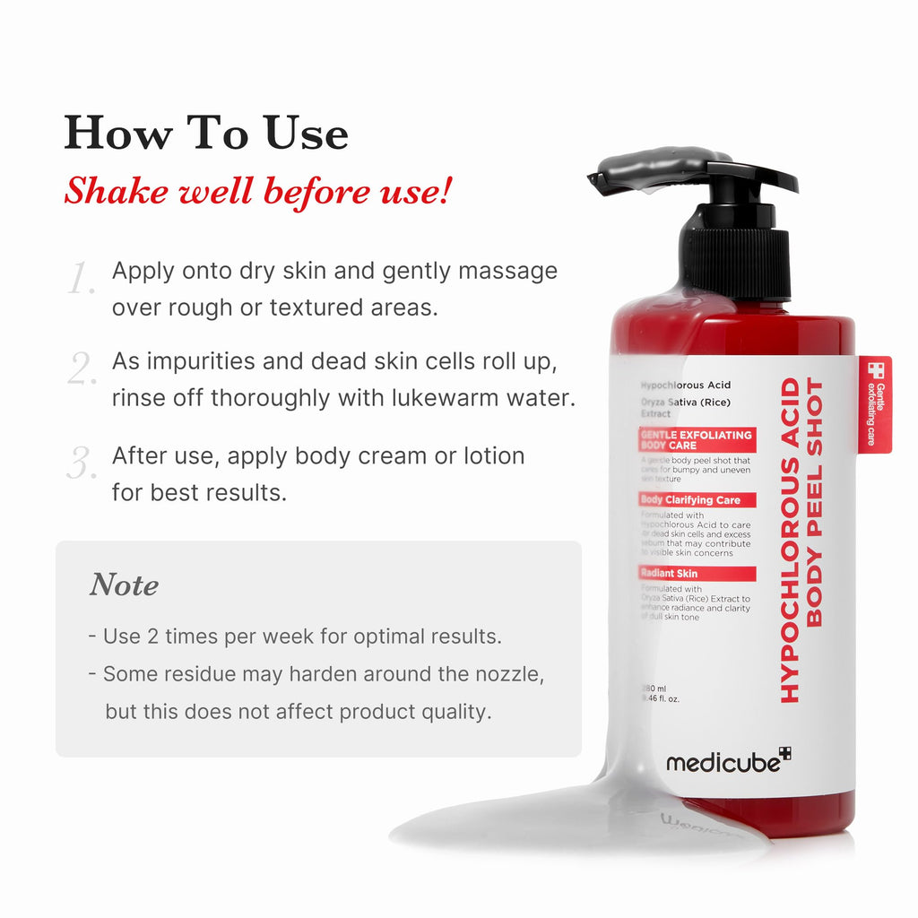 Medicube Body Peel Shot with Hypochlorous Acid | Gentle Body Exfoliating Serum for Dead Skin & Texture | Rice Extract & Panthenol | 9.46 fl oz