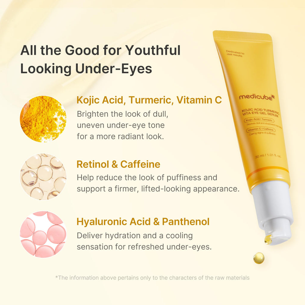medicube Eye Serum with Kojic Acid Turmeric | All-Day Brightening Eye Gel Serum | Vitamin C, Caffeine & Retinol | Hydrating & Cooling Formula | Korean Skincare, 1.01 fl.oz